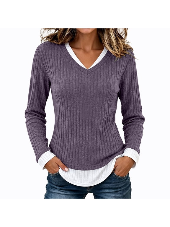 Women's Ribbed Knit Two Piece Look Long Sleeve Top V-Neck Layered Casual Slim Fit Fall Winter Pullover Shirt, Purple 2XL