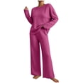 thumbnail image 1 of BRELIL Women's Ribbed Knit Two Piece Lounge Set Round Neck Long Sleeve Pullover Top Wide Leg Pants Casual Loungewear Solid Loose Fall Matching Outfits Travel Tracksuit, Hot Pink XL, 1 of 5
