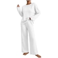 thumbnail image 1 of BRELIL Women's Ribbed Knit Two Piece Lounge Set Round Neck Long Sleeve Pullover Top Wide Leg Pants Casual Loungewear Solid Loose Fall Matching Outfits Travel Tracksuit, White 2XL, 1 of 5
