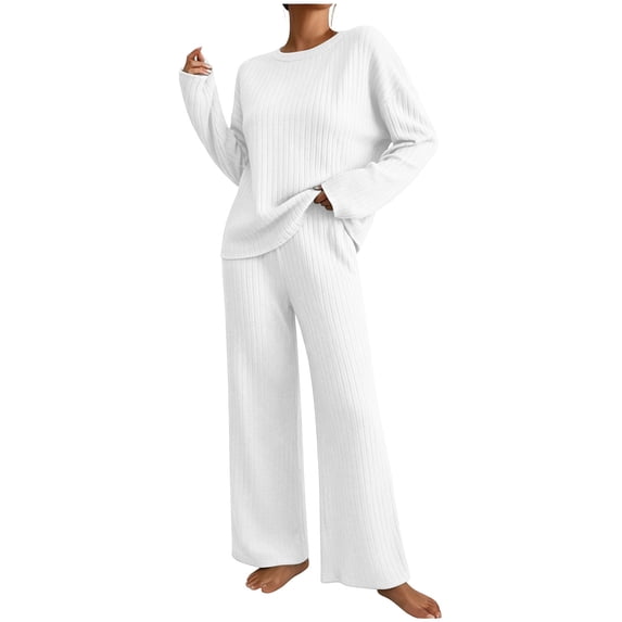 BRELIL Women's Ribbed Knit Two Piece Lounge Set Round Neck Long Sleeve Pullover Top Wide Leg Pants Casual Loungewear Solid Loose Fall Matching Outfits Travel Tracksuit, White 2XL