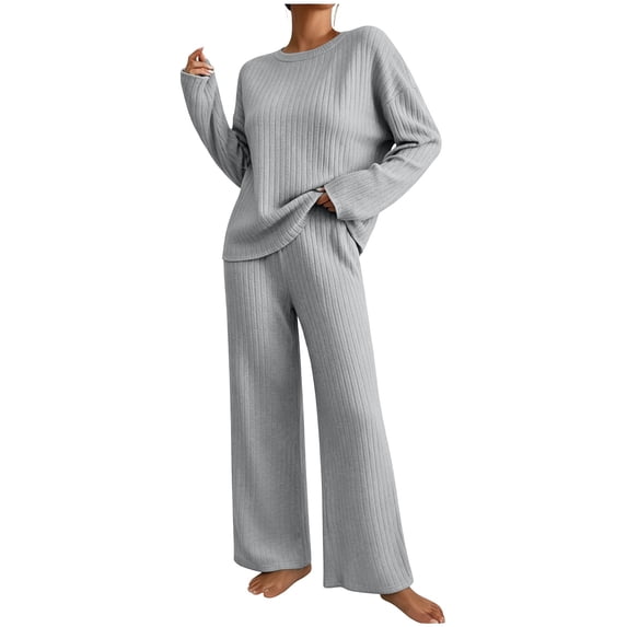 BRELIL Women's Ribbed Knit Two Piece Lounge Set Round Neck Long Sleeve Pullover Top Wide Leg Pants Casual Loungewear Solid Loose Fall Matching Outfits Travel Tracksuit, Gray L