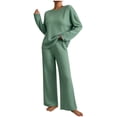 thumbnail image 1 of BRELIL Women's Ribbed Knit Two Piece Lounge Set Round Neck Long Sleeve Pullover Top Wide Leg Pants Casual Loungewear Solid Loose Fall Matching Outfits Travel Tracksuit, Green XL, 1 of 5