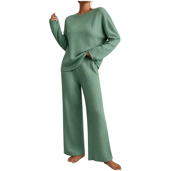 BRELIL Women's Ribbed Knit Two Piece Lounge Set Round Neck Long Sleeve Pullover Top Wide Leg Pants Casual Loungewear Solid Loose Fall Matching Outfits Travel Tracksuit, Green XL