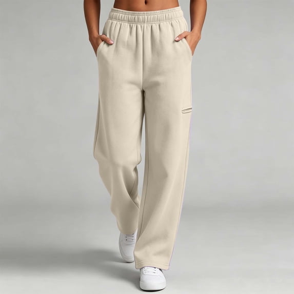 BRELIL Women's Straight Leg Elastic Waist Lounge Pants with Pockets Solid Casual Long Sweatpants Travel Vacation Trousers, Beige 2XL