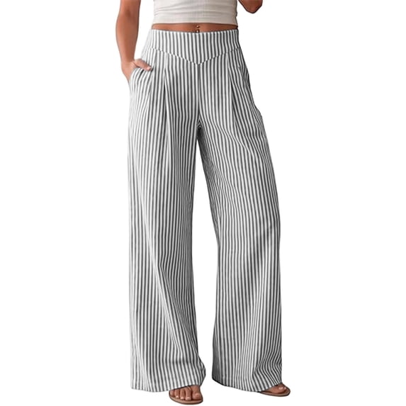 BRELIL Women's Striped Wide Leg High Waisted Trousers with Pockets Casual Loose Long Pants Officewear Lounge Palazzo Baggy Fall Fashion Outfits, Black XL