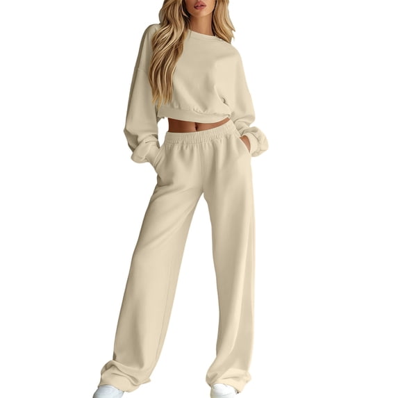 BRELIL Women's Two Piece Outfits Round Neck Long Sleeve Crop Top Wide Leg Pants Casual Lounge Set Solid Knit Tracksuit for Fall Winter Travel Matching Lounge Wear, Beige L