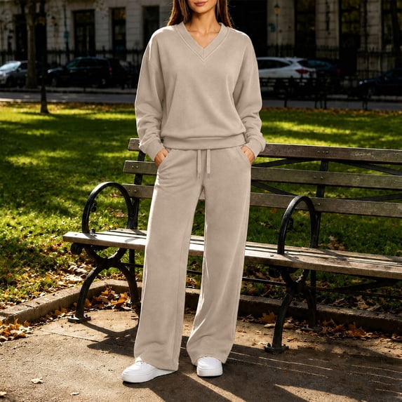BRELIL Women's Two Piece Outfits Set Fall V Neck Long Sleeve Top Wide Leg Pants Casual Lounge Matching Tracksuit Solid Basic Travel Vacation Loungewear, Beige L
