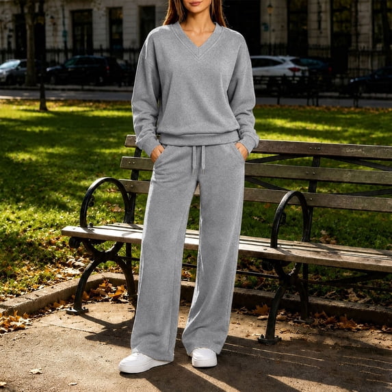 BRELIL Women's Two Piece Outfits Set Fall V Neck Long Sleeve Top Wide Leg Pants Casual Lounge Matching Tracksuit Solid Basic Travel Vacation Loungewear, Gray M