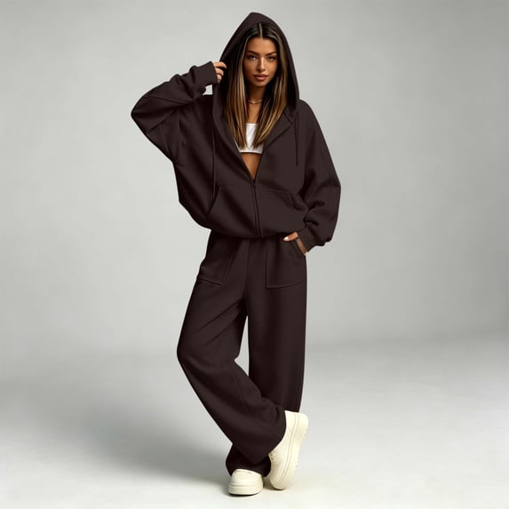 BRELIL Women's Two Piece Outfits Set Hoodie Long Sleeve Casual Loungewear Wide Leg Pants Matching Tracksuit Solid Loose Fall Winter Vacation Travel Lounge Set, Coffee XL