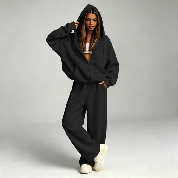 BRELIL Women's Two Piece Outfits Set Hoodie Long Sleeve Casual Loungewear Wide Leg Pants Matching Tracksuit Solid Loose Fall Winter Vacation Travel Lounge Set, Dark Gray XL