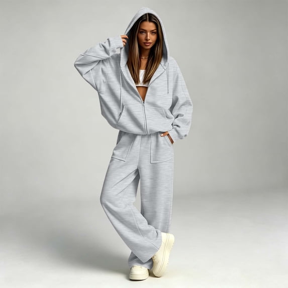 BRELIL Women's Two Piece Outfits Set Hoodie Long Sleeve Casual Loungewear Wide Leg Pants Matching Tracksuit Solid Loose Fall Winter Vacation Travel Lounge Set, Gray S