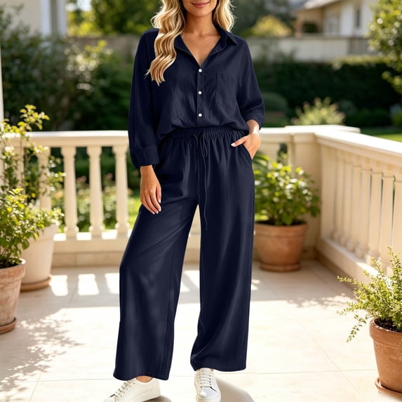 BRELIL Women's Two Piece Outfits Sets Collared Long Sleeve Shirt Wide Leg Pants Casual Lounge Matching Set Solid Boho Vacation Travel Tracksuit, Navy 2XL