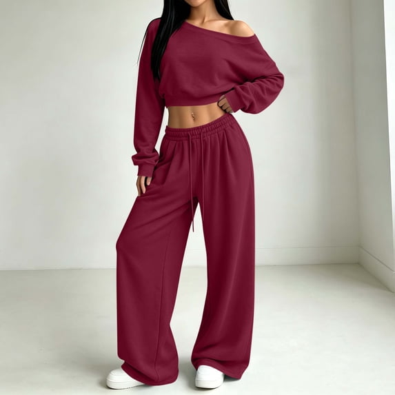 BRELIL Women's Two Piece Outfits Sets Long Sleeve Crop Top Wide Leg Elastic Waist Pants Casual Lounge Matching Tracksuit Fall Travel Vacation Loungewear, Wine M