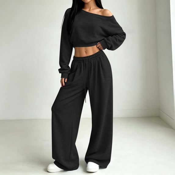 BRELIL Women's Two Piece Outfits Sets Long Sleeve Crop Top Wide Leg Elastic Waist Pants Casual Lounge Matching Tracksuit Fall Travel Vacation Loungewear, Black L