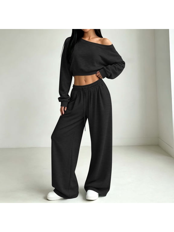 Women's Two Piece Outfits Sets Long Sleeve Crop Top Wide Leg Elastic Waist Pants Casual Lounge Matching Tracksuit Fall Travel Vacation Loungewear, Black L