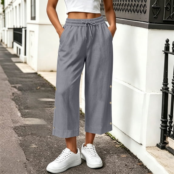 BRELIL Women's Wide Leg Capri Pants Elastic Waist with Pockets Casual Solid Streetwear Lounge Pants Summer Vacation Outfits, Gray XL