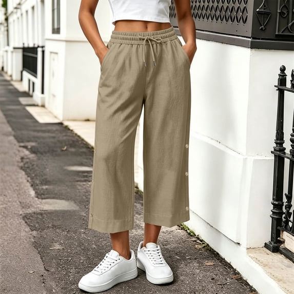 BRELIL Women's Wide Leg Capri Pants Elastic Waist with Pockets Casual Solid Streetwear Lounge Pants Summer Vacation Outfits, Khaki M