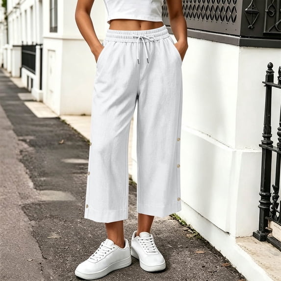 BRELIL Women's Wide Leg Capri Pants Elastic Waist with Pockets Casual Solid Streetwear Lounge Pants Summer Vacation Outfits, White XL