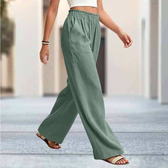 BRELIL Women's Wide Leg Elastic Waist Flowy Trousers with Pockets Casual Loose Long Pants Baggy Lounge Palazzo Pants for Fall Winter Outfits, Mint Green 2XL