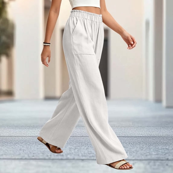 BRELIL Women's Wide Leg Elastic Waist Flowy Trousers with Pockets Casual Loose Long Pants Baggy Lounge Palazzo Pants for Fall Winter Outfits, White 2XL