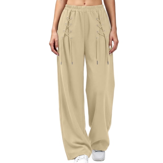 BRELIL Women's Wide Leg High Waisted Flowy Casual Solid Lounge Pants Streetwear Palazzo Trousers Baggy Long Pants for Daily Wear Fall Outfits, Beige 2XL