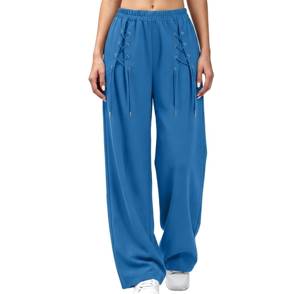 BRELIL Women's Wide Leg High Waisted Flowy Casual Solid Lounge Pants Streetwear Palazzo Trousers Baggy Long Pants for Daily Wear Fall Outfits, Blue XL
