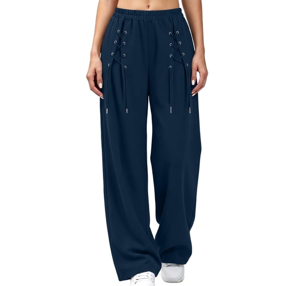 BRELIL Women's Wide Leg High Waisted Flowy Casual Solid Lounge Pants Streetwear Palazzo Trousers Baggy Long Pants for Daily Wear Fall Outfits, Navy XL