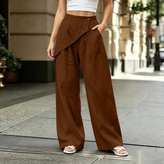 BRELIL Women's Wide Leg High Waisted Flowy Pants Casual Solid Boho Lounge Palazzo Trousers Vacation Beach Outfits, Brown S
