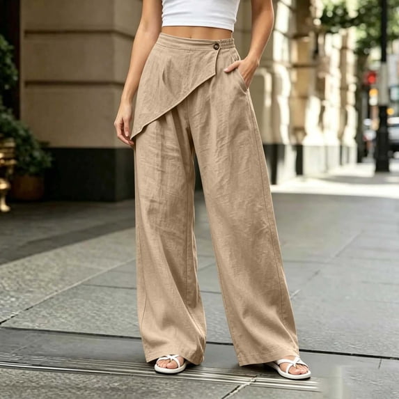 BRELIL Women's Wide Leg High Waisted Flowy Pants Casual Solid Boho Lounge Palazzo Trousers Vacation Beach Outfits, Khaki L