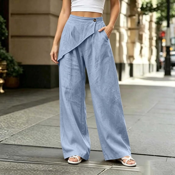 BRELIL Women's Wide Leg High Waisted Flowy Pants Casual Solid Boho Lounge Palazzo Trousers Vacation Beach Outfits, Sky Blue L