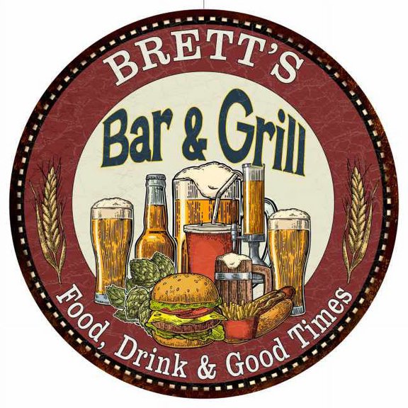 BRETT'S Bar and Grill 12" Round Metal Sign Kitchen Wall Decor 200120020130