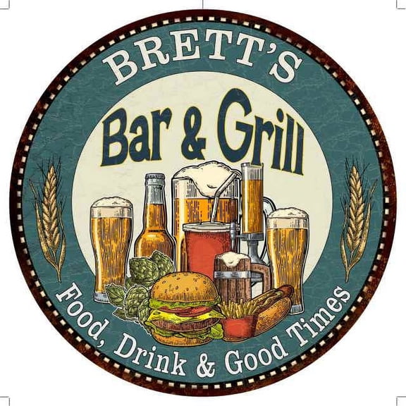 BRETT'S Bar and Grill 14" Round Metal Sign Kitchen Wall Decor 100140023130