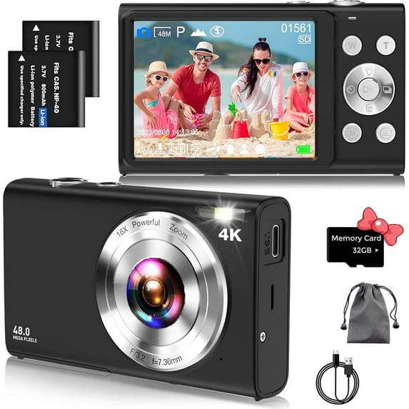 BREWENE Digital Camera 4K Autofocus Vlogging Camera for YouTube with 32GB Card,48MP UHD 16X Digital Zoom Point and Shoot Camera for Photography
