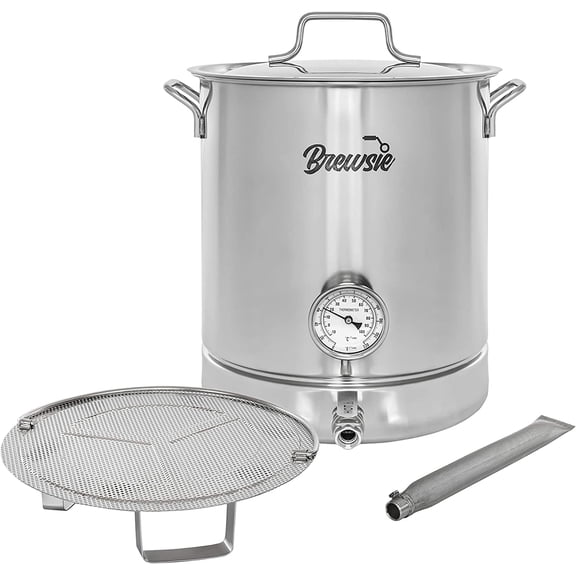 BREWSIE 8 Gal/32 QT Stainless Steel Home Brew Kettle w/Dual Filtration, False Bottom, Thermometer & Ball Valve for Brewing