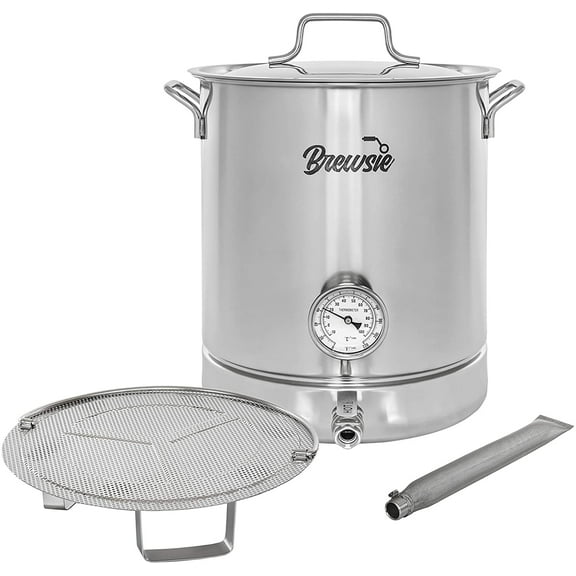 BREWSIE Stainless Steel Home Brew Kettle w/Dual Filtration. Equip with False Bottom Thermometer and Ball Valve for Brewing (10 Gal/ 40 Quart)