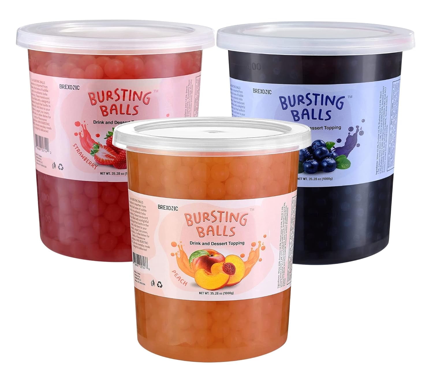 BREXONIC Bursting Boba Pearls Blueberry, Strawberry & Peach Tapioca Pearls for Bubble Tea & Desserts, 2 Lbs 3-Pack