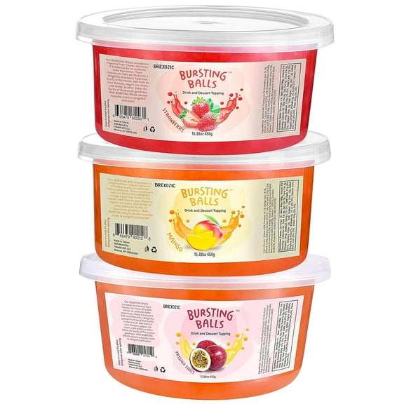 BREXONIC Bursting Boba Pearls Passion Fruit, Mango, & Strawberry Tapioca Pearls for Bubble Tea & Desserts, 2 Lbs 3-Pack