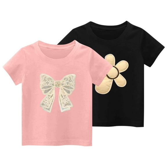 BRGZLK 2 Pack Girls Bow Print T Shirt Trendy Casual Summer Thin Round Neck Short Sleeve Top Cute Cozy Breathable Clothing for Kids Pink 10-11 Years