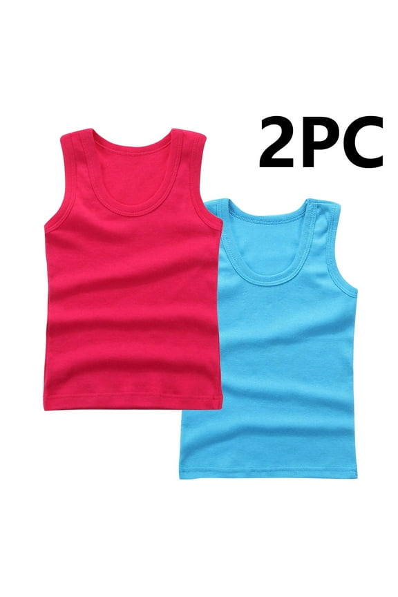 2 Pack Girls Tank Tops Summer Soft Comfortable Solid Color Round Neck Athletic Vest Summer Casual Breathable Sleeveless Undershirts Basic Camisole Blue 2-3 Years