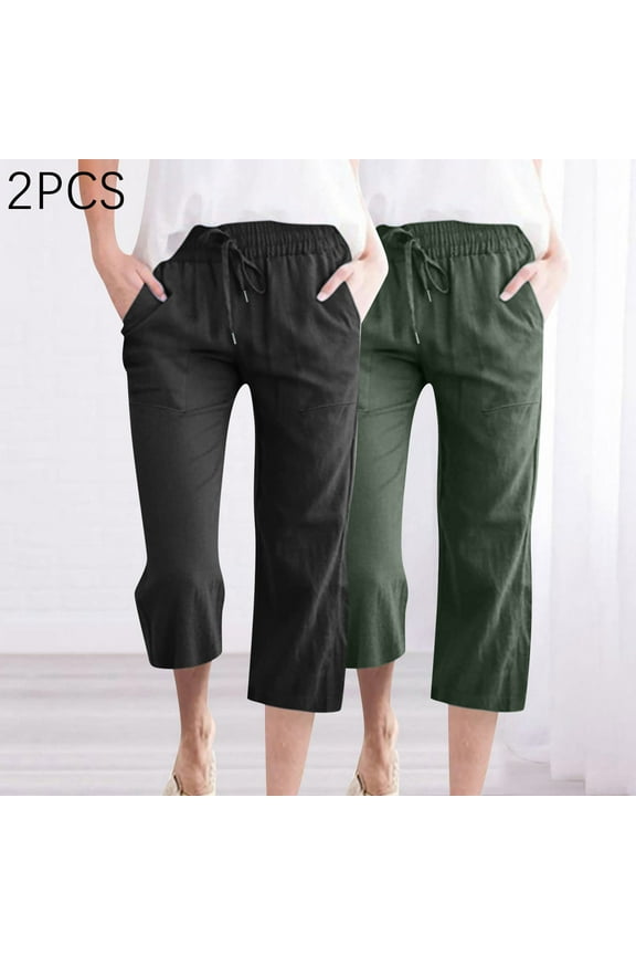 2 Pack Women Cotton Linen Pants Solid Color Drawstring Elastic Casual Loose Straight Leg Seven Points Pants with Pocket Black XXL