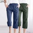 thumbnail image 1 of BRGZLK 2 Pack Women Cotton Linen Pants Solid Color Drawstring Elastic Casual Loose Straight Leg Seven Points Pants with Pocket Blue S, 1 of 5