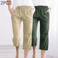 thumbnail image 1 of BRGZLK 2 Pack Women Cotton Linen Pants Solid Color Drawstring Elastic Casual Loose Straight Leg Seven Points Pants with Pocket Khaki L, 1 of 5