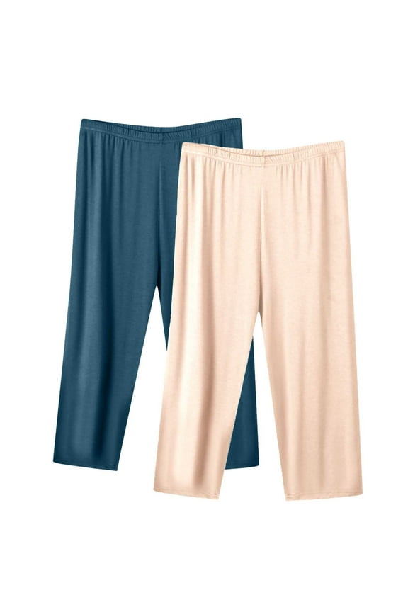 2 Pack Women's Casual Fashion Solid Color Elastic Waist Soft Comfy Seven Points Thin Loose Large Size Home Sports Pants Beige XXL