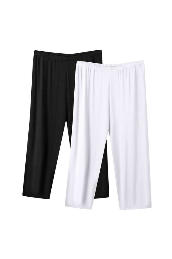 2 Pack Women's Casual Fashion Solid Color Elastic Waist Soft Comfy Seven Points Thin Loose Large Size Home Sports Pants White XXL