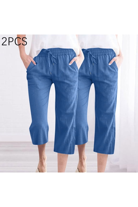 2 Pack Womens Cropped Pants Solid Color Drawstring Cotton Linen Loose Casual Straight Leg Seven Points Pants with Pocket Blue XXL