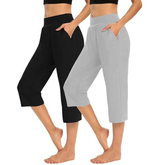 BRGZLK 2 Pack Womens High Waisted Sweatpants Elastic Waist Drawstring Tie Yoga Sports Solid Color Seven Points Pants with Pocket Gray S