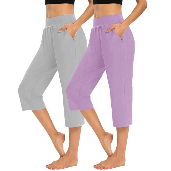 BRGZLK 2 Pack Womens High Waisted Sweatpants Elastic Waist Drawstring Tie Yoga Sports Solid Color Seven Points Pants with Pocket Purple A XXL