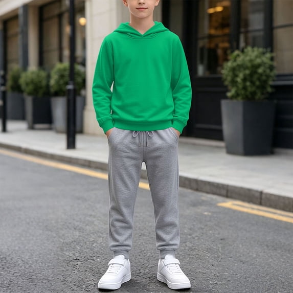 BRGZLK 2 Piece Outfit for Teen Girls Boys Solid Color Long Sleeve Pullover Hooded Sweatshirt and Jogger Sweatpants Soft Comfort Tracksuit Fall Winter Outfits Green 7-8 Years
