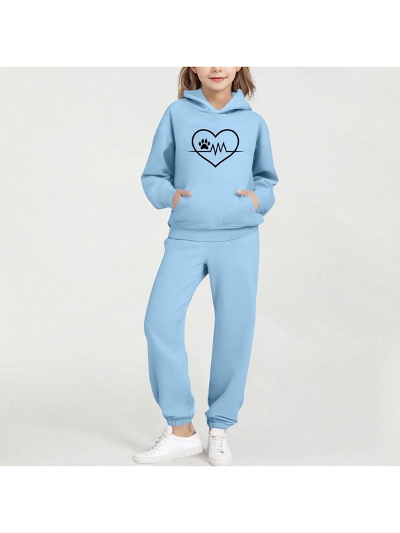 2 Piece Outfits for Boys Girls Fall Winter Fashion Heartbeat Print Relaxed Fit Warm Sweatshirt and Jogger Sweatpants Casual Casual Daily Outfit Kids Clothes Blue 9-10 Years
