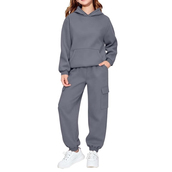 BRGZLK 2 Piece Set for Boys Girls Fall Winter Solid Color Casual Sweatsuit with Pockets Zip Up Hoodie Sweatshirt and Elastic Waist Baggy Cargo Pants for Streetwear or Daily Wear Dark Gray 7-8 Years